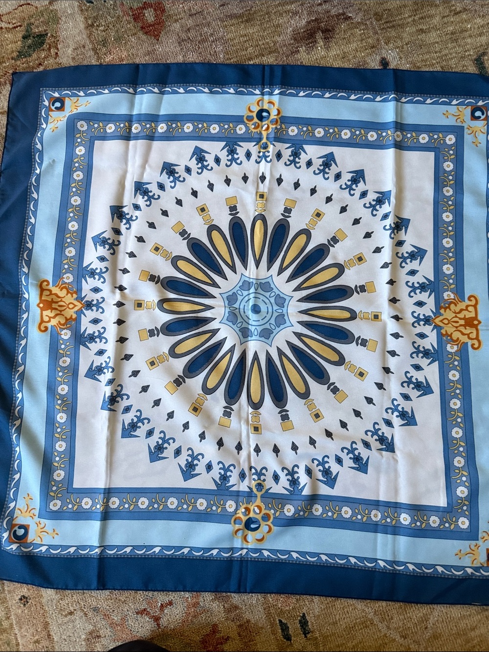 Scarf of Many Blues and Gold and Yellow Design